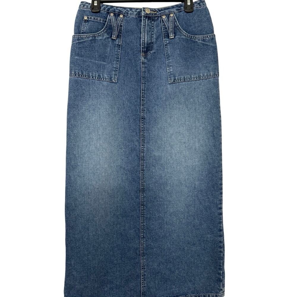 No Boundaries Y2K Denim Maxi Skirt Juniors 7 2000s Back Slit Med Wash